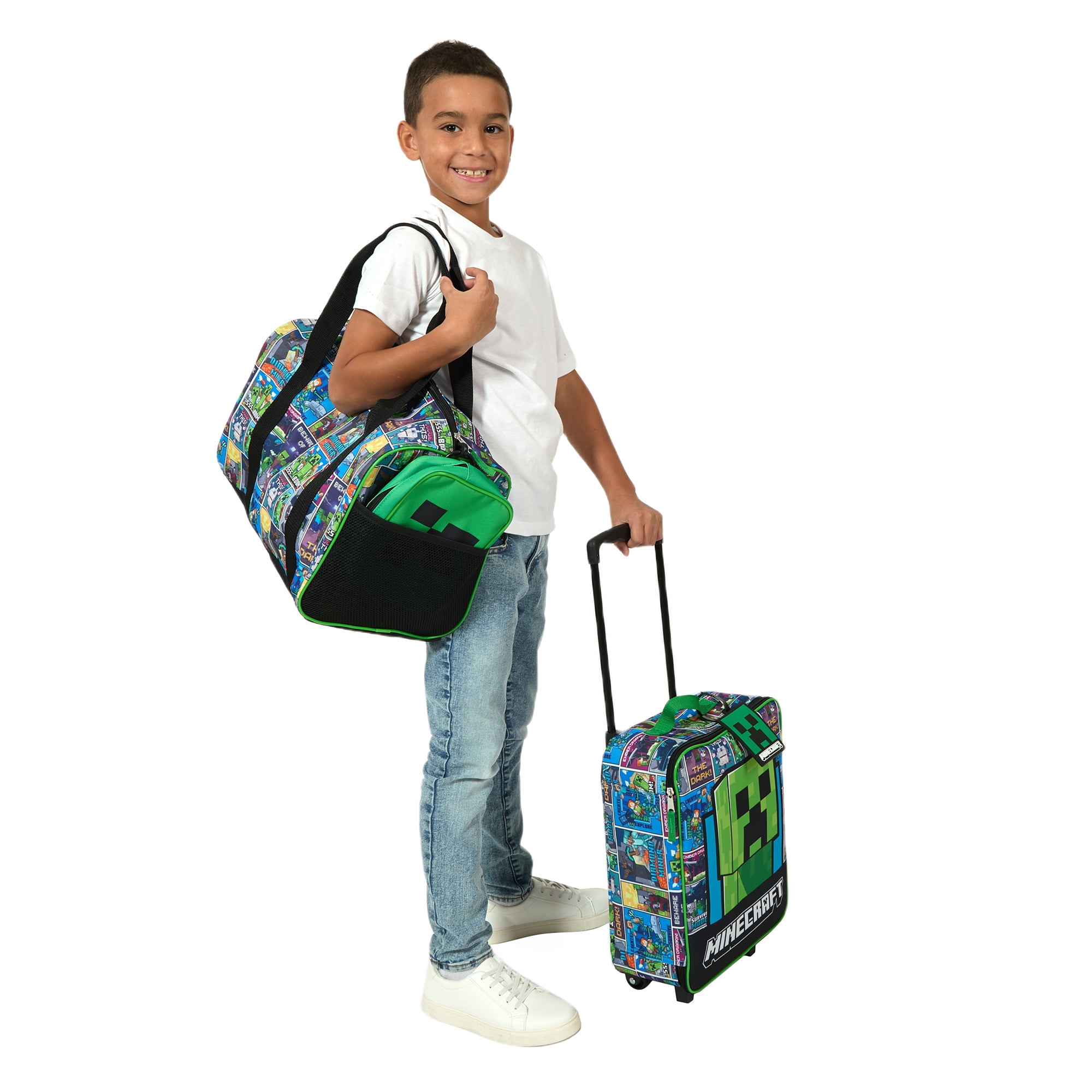 Minecraft Creeper Youth 4-Piece Travel Set-14" Carry-on Duffle Bag and Luggage Tag Set