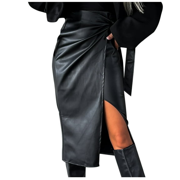 qolati Faux Leather Skirts for Women Bodycon A Line Wrap Midi Skirt High Waisted Ruched Business Work Pencil Skirt