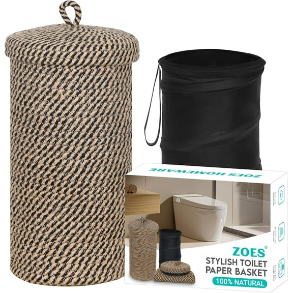 Jute Toilet Paper Storage Basket with Lid,Bathroom Toilet Paper Holder Stand for 3 Mega Rolls,Tissue Holder for Bathroom with Removable Waterproof Insert, 7"x7"x13.5"