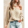 thumbnail image 4 of Cupshe Women's Cable Knit One Shoulder Pullover Sweater Mock Neck Cutout Drop Long Sleeve Causal Knitted Top, Sizes XS-XL, 4 of 7