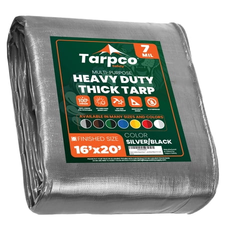 Tarpco Safety 7 Mil Heavy Duty Tarp Camping Tarpaulin Waterproof Cover Silver and Black 16 x 20Ft