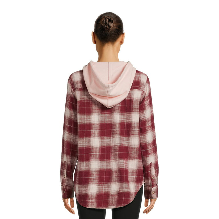 Time and Tru Women's Button Down Hooded Flannel Shirt, Sizes XS