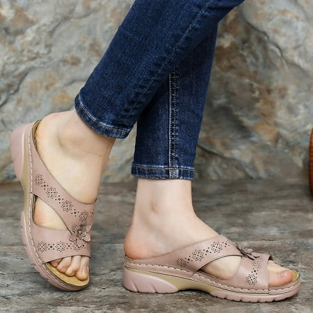 

XIAOFFENN Women s Fashion Vintage Flower Wedge Sandals Ladies Slip On Comfortable Shoes