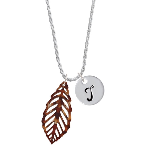 Delight Jewelry Acrylic Large Leaf Pearly Brown Silvertone Script Initial Disc - T - Charm Necklace, 20"+3"