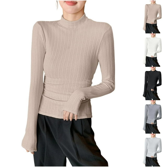 Sentmoon Mode Automne Indispensables Hauts Mignons pour Femmes Haut à Manches Longues Col Montant Couleur Unie Couche de Base à la Mode pour Voyage et Commodité Pliable Beige TTG