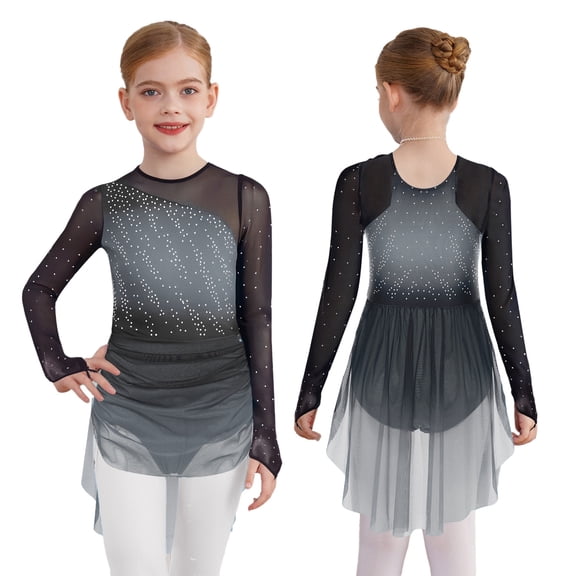 Aislor Girls Mesh Long Sleeve Figure Skating Sparkly Gradient Ice Skating Dress for Dance Performance Grey 6