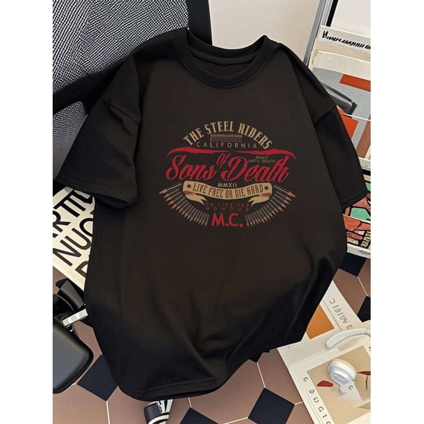 Camiseta informal de algodón para hombre con estampado "The Steel Racers Live Free", corte holgado, manga corta, ropa urbana de verano, negra con diseño en rojo y blanco, ideal para el día a día | Rop