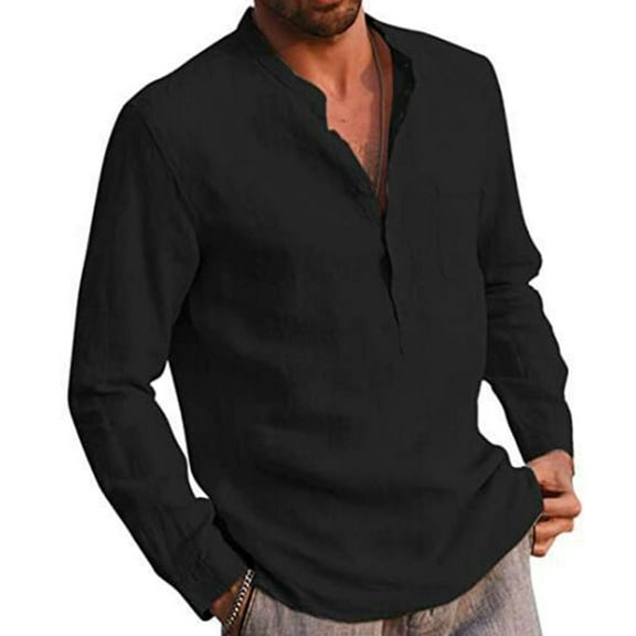 Jinda Men's Linen Button Down Shirt Long Sleeve Casual Top Comfy Cotton Henley Lightweight Summer Outfit Beach Shirts Black Small