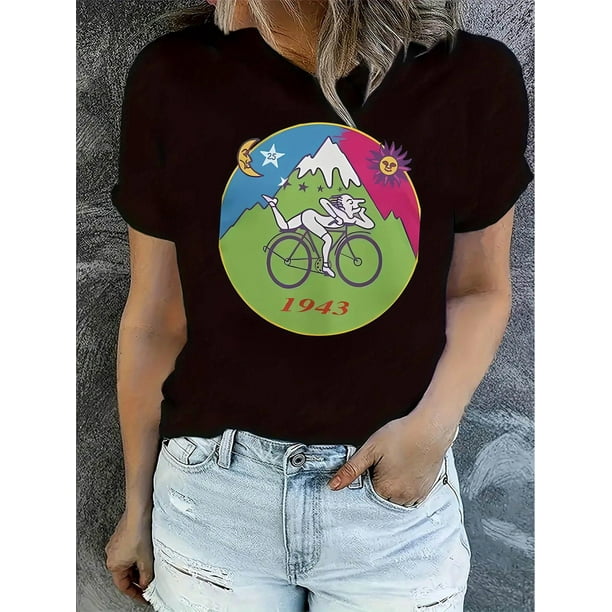 Camiseta para mujer con Cuello de veranoLightweight | Women's Fashionable Black T-Shirt with Colorful Bicycle and Mountain Print - Casual Round Neck Short Sleeve, Comfortable Polyester Blend, Ideal