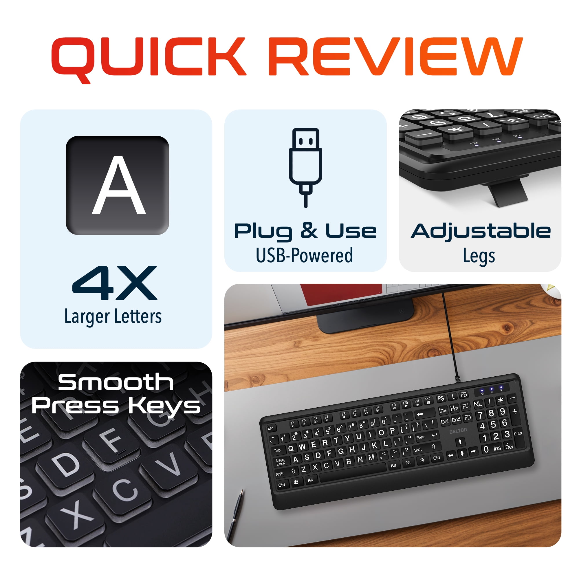 Delton KB20 Large Print Backlit Wired Keyboard, 4X Large Button Keyboard for Elderly or Visually Impaired, USB Wired Lighted Keyboard, 104 Keys Standard Keyboard, Compatible for PC/Laptop/iMac, Black