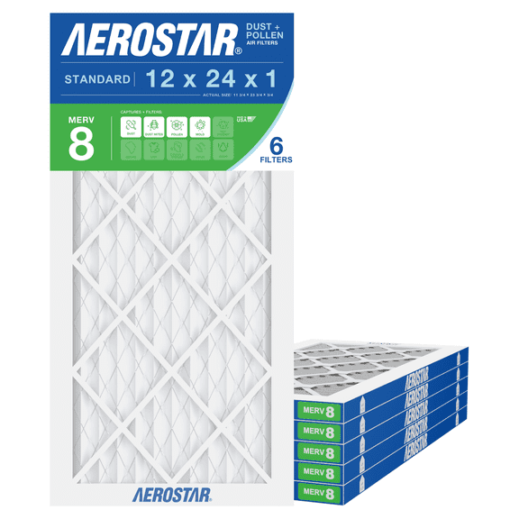 Aerostar 12x24x1 MERV 8 Air Filter, Pleated AC Furnace HVAC, Dust Pollen Pet Dander, 6 Pack