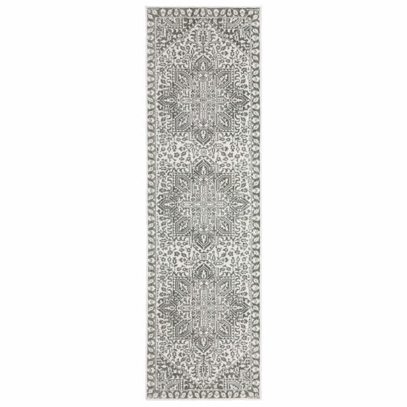 HomeRoots 507962 2 x 8 ft. Gray & White Oriental Power Loom Stain Resistant Runner Area Rug