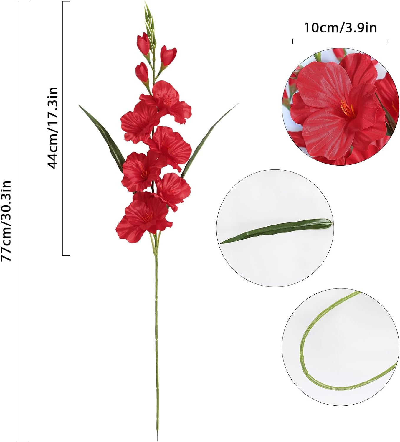 Red Gladiolus Artificial Flowers 3.3in Long Stem Flowers Gladiolus Flowers Silk Flowers Artificial Gladiolus Flowers Faux Gladiolus Flowers for Home Wedding Office Decoration(Red)