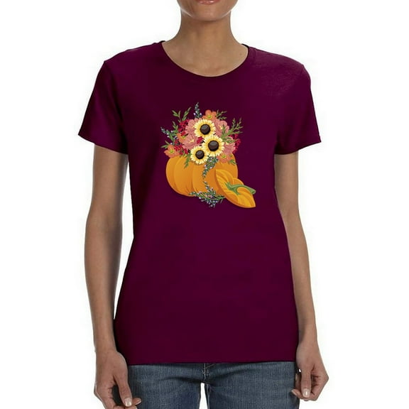 Pumpkin With Flowers T-Shirt Women -Smartprints Designs, Female 5X-Large