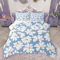 Homewish Rustic Vibrant Floral Queen Comforter Set, Blue Groovy Daisy Flower Bedding Sets, Princess Style Reversible Bedding Comforter Set, Lightweight Room Decor, 3-Piece