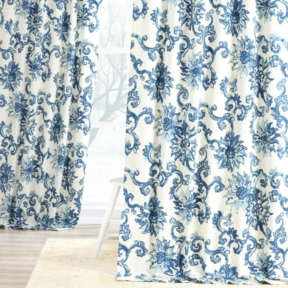Indonesian Blue Printed Cotton Twill Curtain (1 Panel), Indonesian Blue, 50W X 120L