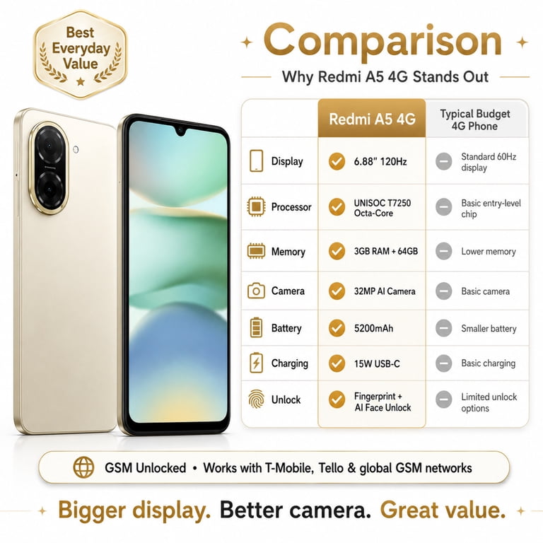 Xiaomi Redmi A5 4G 64GB ROM 3GB RAM Dual SIM GSM Unlocked - Gold