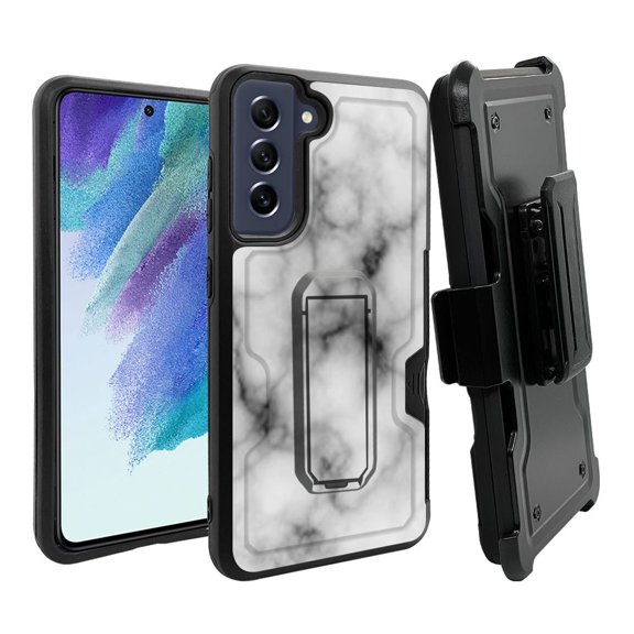 ANJ  Rugged Dual Layer Hybrid Holster Kickstand Case w/ Card Slot   Tempered Glass Cover for Samsung Galaxy S21 FE 5G - White Marbling