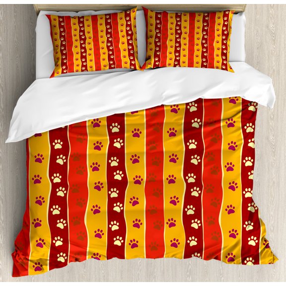Red and Brown Duvet Cover Set King Size, Vertical Striped Pattern Cat and Dog Paw Traces Footprints Cute Kids Design, Decorative 3 Piece Bedding Set with 2 Pillow Shams, Multicolor, by Ambesonne