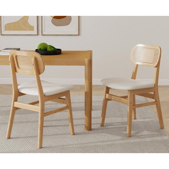 Rattan Dining Chairs Set of 2, Upholstered Dining Room Chairs with Back, Modern Kitchen Chairs, Wooden Side Chair for Restaurant, Beige Linen