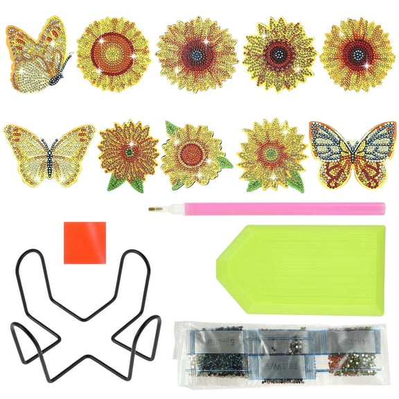 Tzgsonp 10 Pack Diamond Painting Coasters with Holder, Creative DIY Diamond Drawing Cup Mat 5D Diamond Art Cup Pad Tabletop Protection Coaster Delicate Reusable DIY Coater Craft for Adults Kids