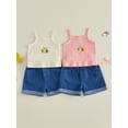 thumbnail image 3 of BemeyourBBs Toddler Baby Girls Summer Clothes Infant Baby Girl Denim Outfit Cute Bee Cake Ice Cream Floral Embroidery Ribbed Tank Vest Tops with Pockets Rolled Jeans Denim Shorts 2Pcs Set, 3 of 9