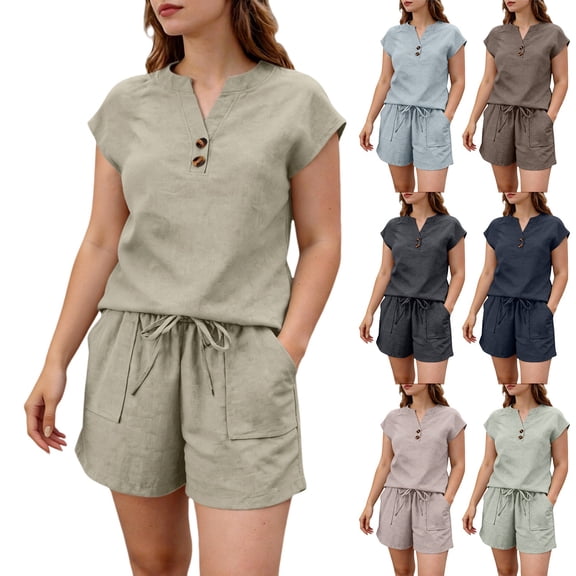 Women's Two Piece Set, Short Sleeve Button Down Top and Drawstring Waist Shorts, Casual Matching Outfit, Lounge Set and Vacation Outfits for Women-Black