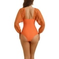 thumbnail image 3 of Bikini de una pieza con escote en V, mangas largas, malla y control de abdomen, color naranja claro, talla X-Large, 3 of 5