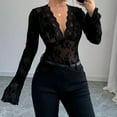 thumbnail image 2 of VerPetridure Women's Lace Blouse Flared Sleeve Deep V-Neck Lace Floral See Through Slim Fit Mesh Sheer Crop Tops Clubwear, 2 of 9