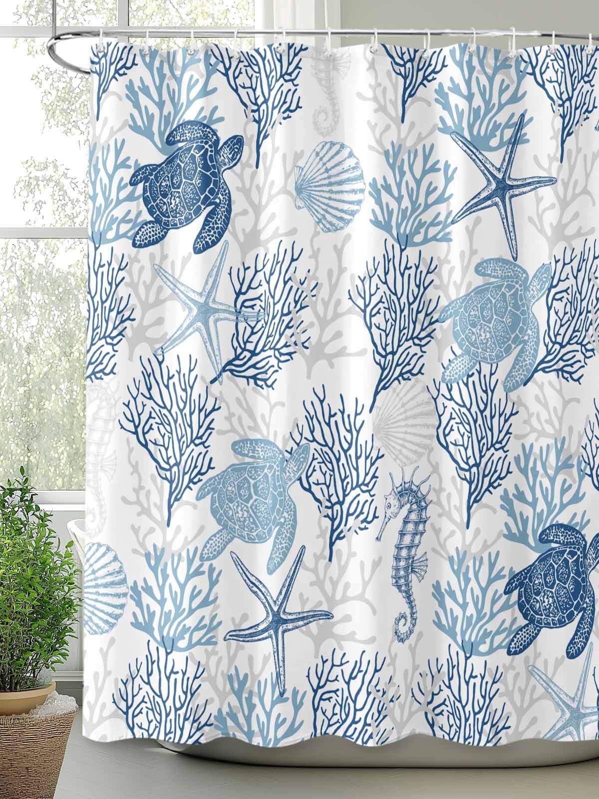 Boanket Polyester Fabric Navy Blue Grey Coastal Shower Curtain, Sea Turtle Nautical Coral Summer Beach Waterproof Bathtub Curtain Bathroom Decor Set with Hooks 54 x 78 Inches,