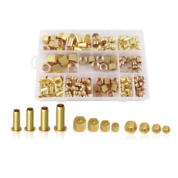 220PCS Compression Fittings Assortment Kit - 4 Sizes (1/4in, 3/8in, 5/16in, 1/2in) of Brass Sleeve Ferrule