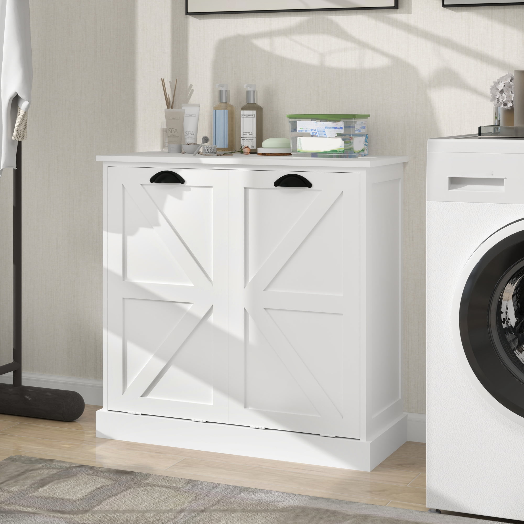 Leumius Tilt-Out Laundry Hamper Cabinet,Freestanding Laundry Sorter Cabinet with 2 Compartment,White