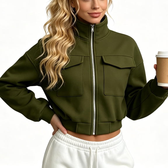 CBASIHI Womens Cropped Zip Up Bomber Jackets with Pockets- Long Sleeve Fall Stand Collar Loose Fit Casual Trendy Lightweight Coats Army Green Size S-2XL