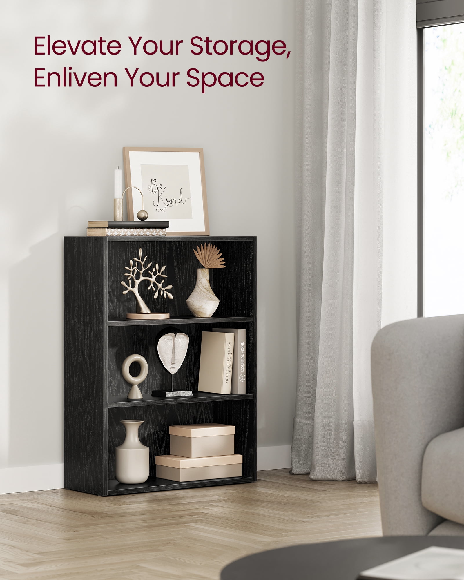 Custos Collection - 3-Tier Adjustable Bookcase, Open Compartment Storage Shelf, 9.4" D x 23.6" W x 32" H, for Living Room, Office, Dining Room, Space-Saving Design, Ebony Black