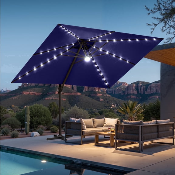 Crestlive Products Square Solar LED Cantilever Umbrella, 11FT, Windproof Double Top, 360-degree Rotating, Blue