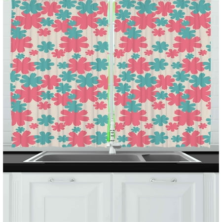 Teal Coloured Curtains Garden Curtains 2 Panels Set, Big Bold Growing Flowers Burst Lush Grand Forest Plants Pastel Colored Artwork, Window Drapes for Living Room Bedroom, 55W X 39L Inches, Teal Pink White, by Ambesonne ()