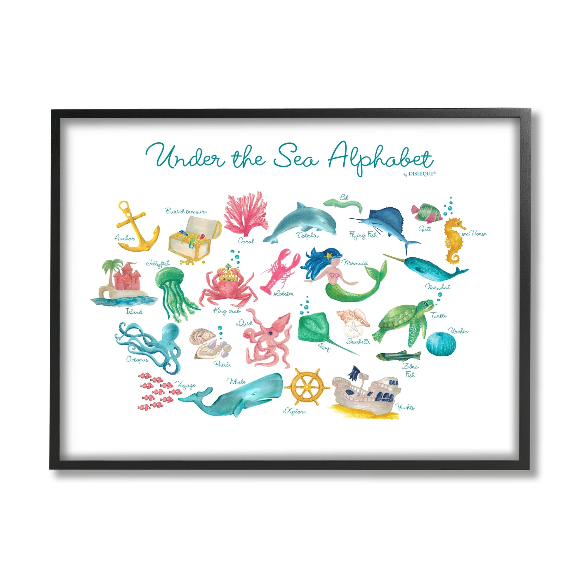 Stupell Industries Under the Sea Educational Alphabet Sea Life Learning Graphic Art White Framed Art Print Wall Art, Design by Dishique