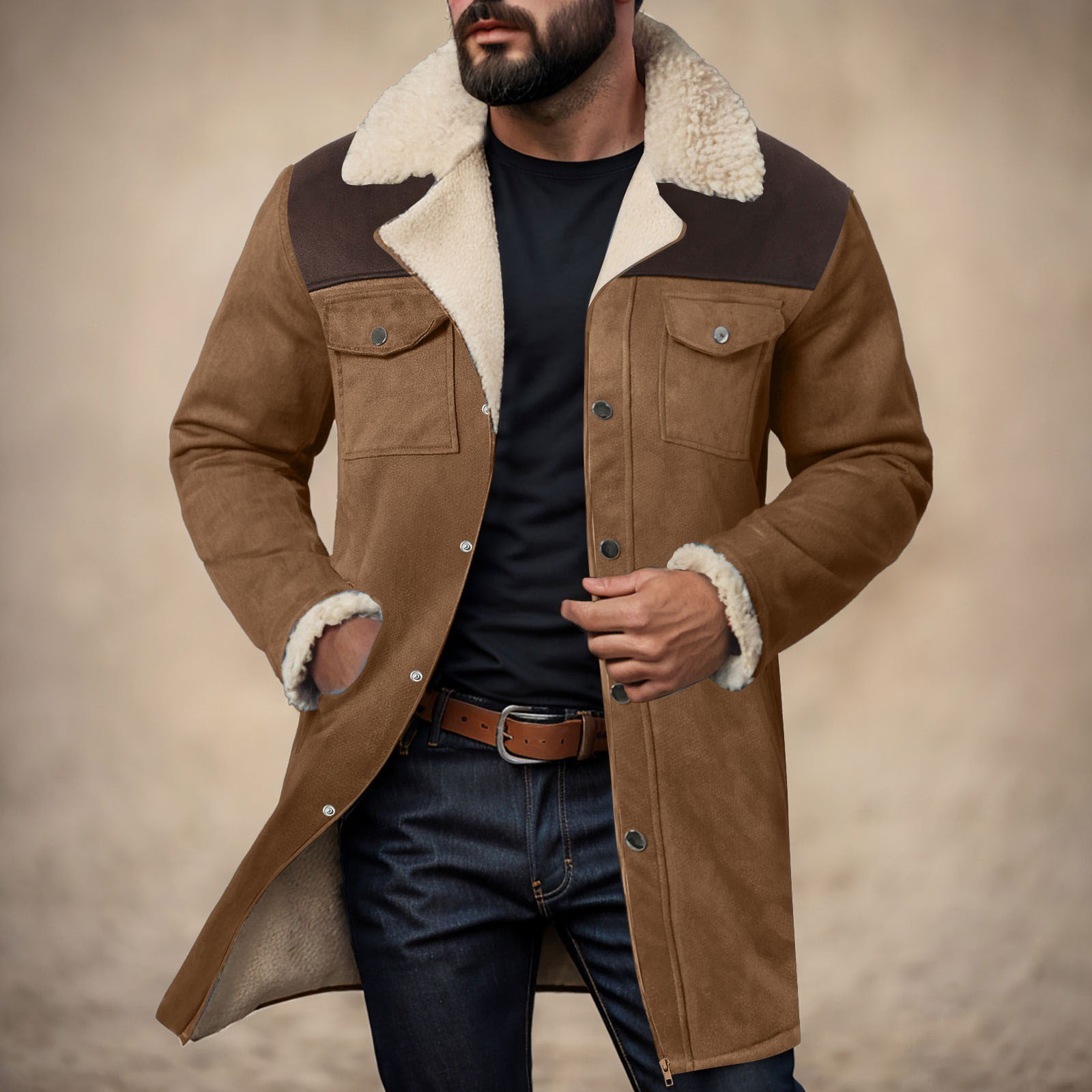 Mens Western Cowboy Jacket Distressed Suede Long Trench Coats Zip