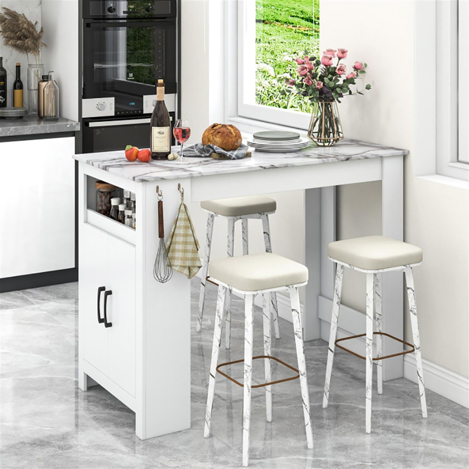 Demi Bonn 47" Faux Marble Pub Table, Modern High Top Bar Table with 7 Hanging Hooks Compartment, Perfect for Small Space, White