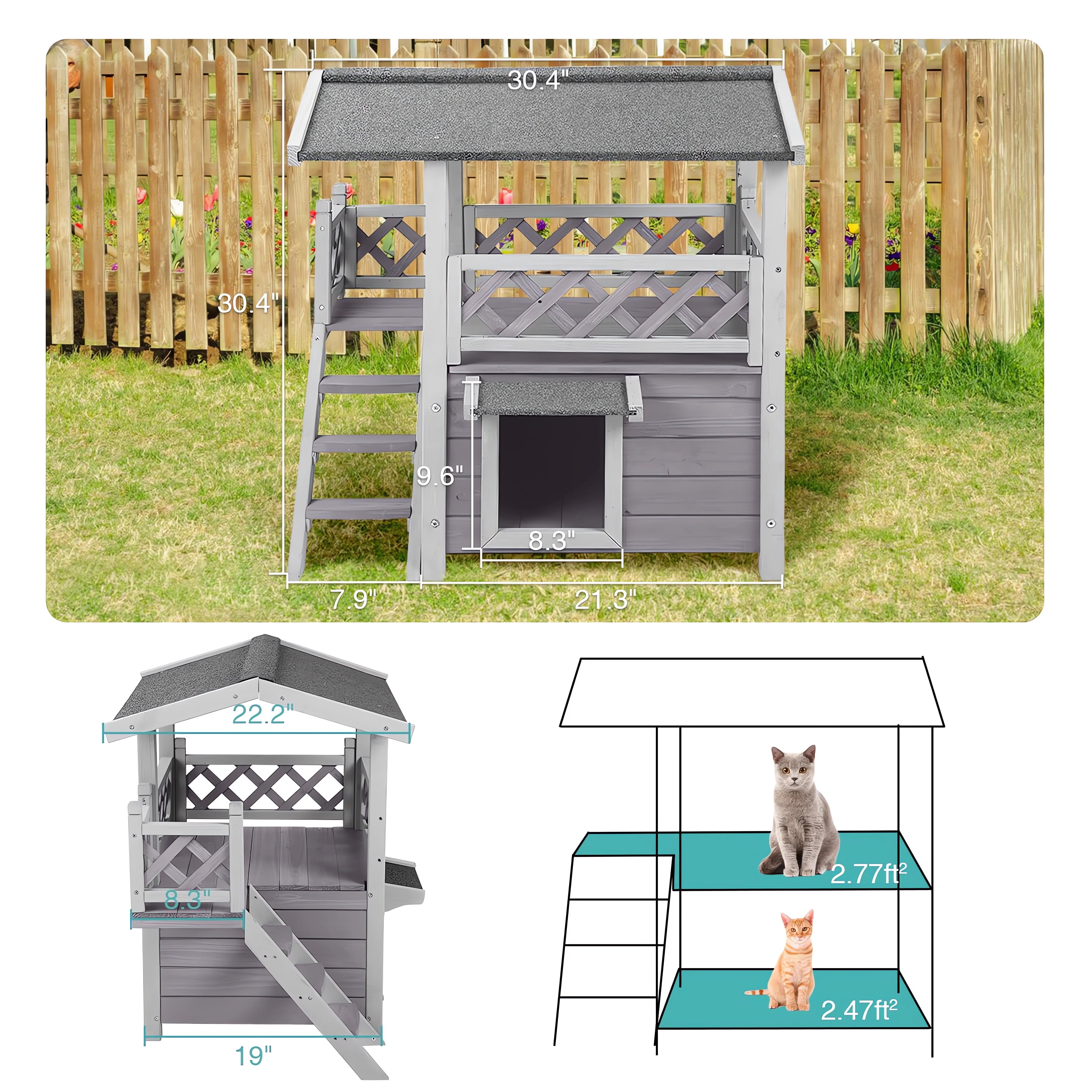 Aivituvin Feral Cat Shelter Outdoor Weatherproof Houses for Cats Two Story Wooden Cat House Outside Feral Cat House with Balcony Waterproof