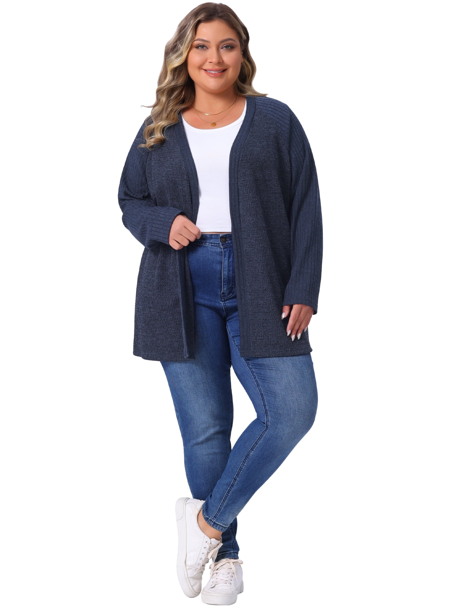DARING DIVA Women's Plus Open Front Long Sleeve Lightweight Cardigans 3X Dark Blue
