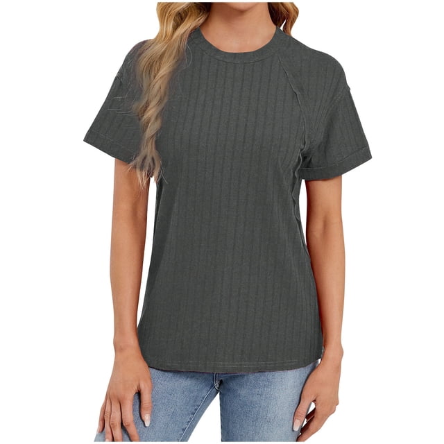 Timegard Hauts pour Femmes Manches Courtes Col Rond Couleur Unie Blouse Confortable Décontractée Ample T-Shirt Mode Été