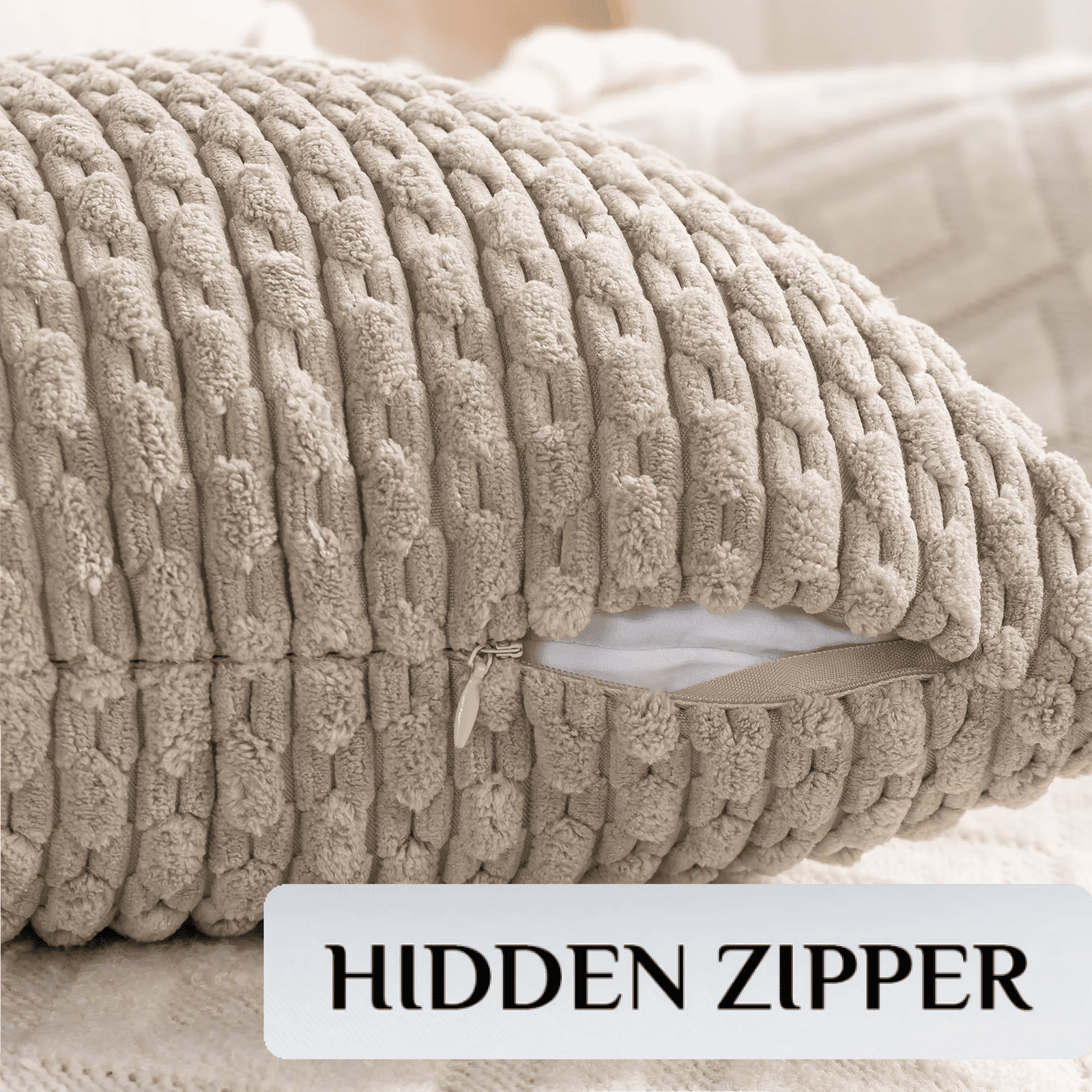 HAPPINESS 4 Pack Decorative Throw Pillow Covers, 18x18 Inch Soft Plush Striped Corduroy Couch Pillow Covers, Beige Brown Coffee