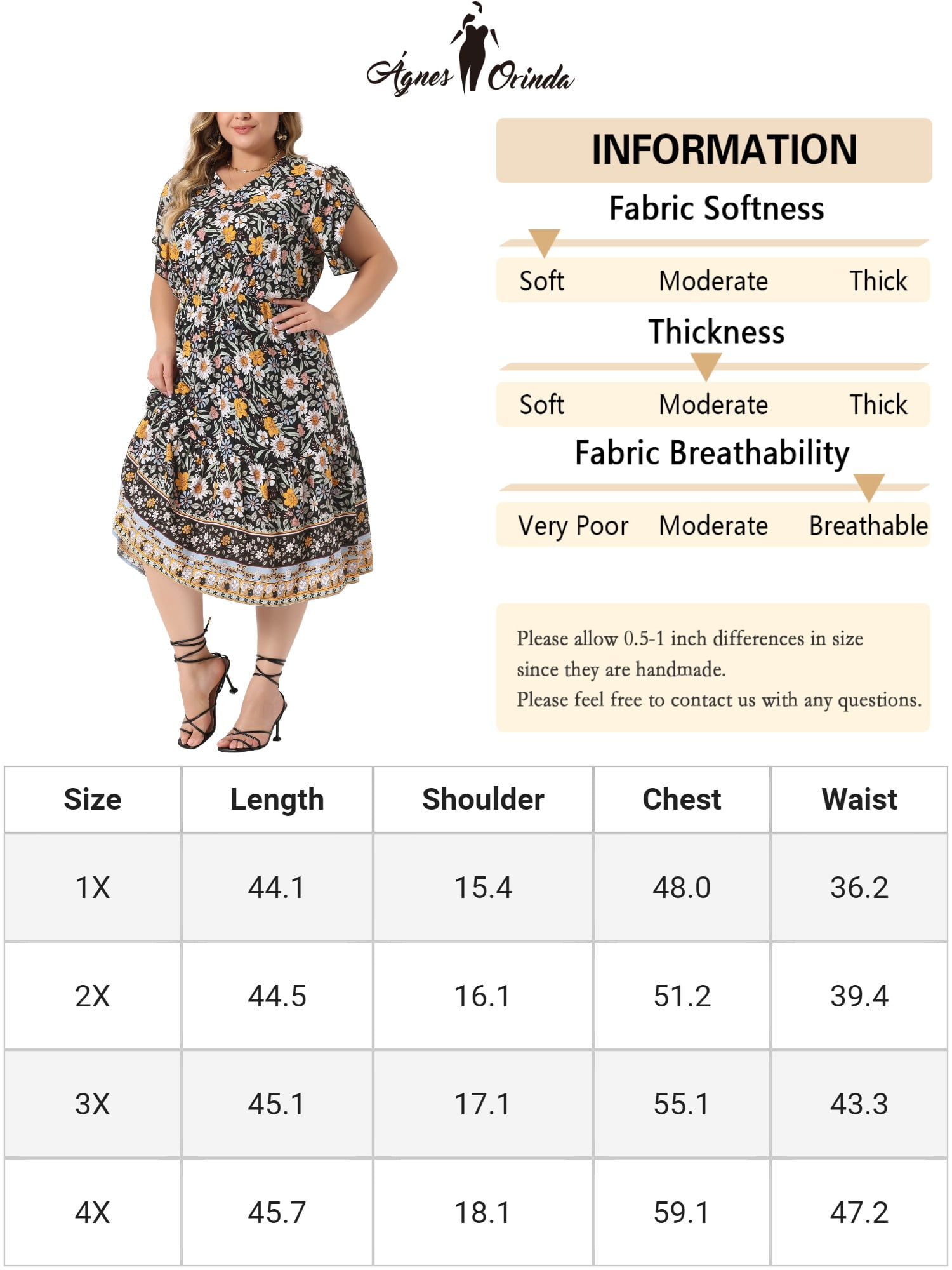 DARING DIVA Plus Size V Neck Short Sleeve Floral Midi Dress 4X Black