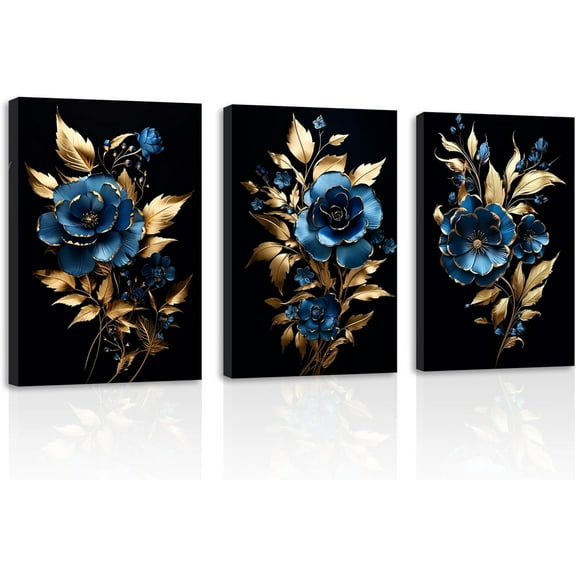 ZHONGYUTONG Navy Blue Decor 3 Pieces Black Golden Rose Picture Abstract Blue and Gold Flower Artwork Canvas Prints for Living Room Office Home Decor (16.00" x 24.00" x 3PCS)