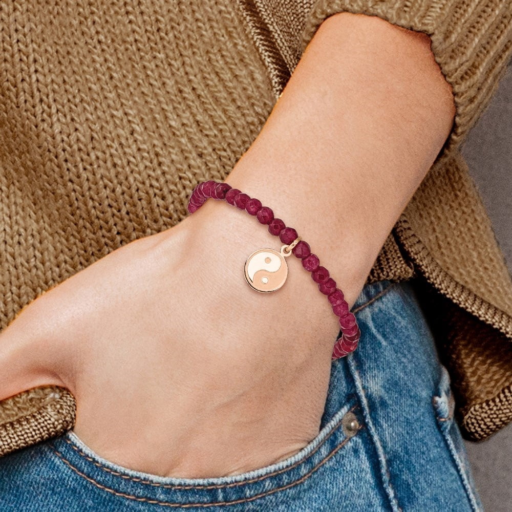 Diamond2Deal Stainless Steel and Satin Rose IP-Plated YingYang 4mm Red Jade Beaded Stretch Bracelet for Women 6"