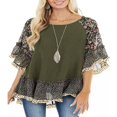 thumbnail image 1 of Blouse Femme à Manches 3/4, Unie, Ourlet Floral, Imprimé Léopard, Haut Ample, 1 of 7