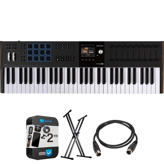 Arturia KeyLab 61 mk3 61-Key USB MIDI Controller Keyboard, Black 231632 Bundle with OnStage KS7171 Double-X Keyboard Stand   5-Ft Male-to-Male MIDI Cable   2 Year Enhanced Protection Pack