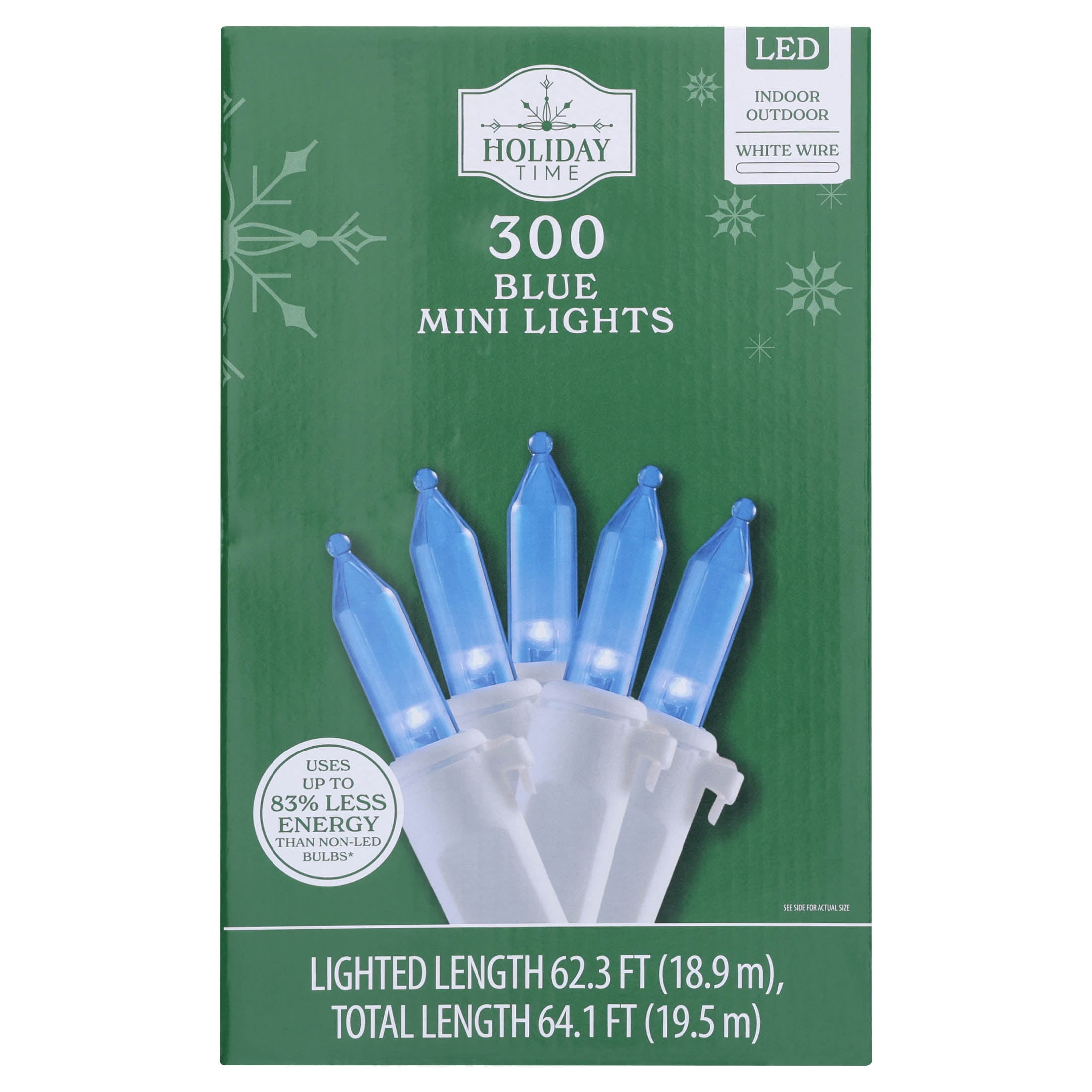 Indoor/Outdoor 300-Count LED Mini Christmas String Lights, Blue, White Wire, 62.3', by Holiday Time