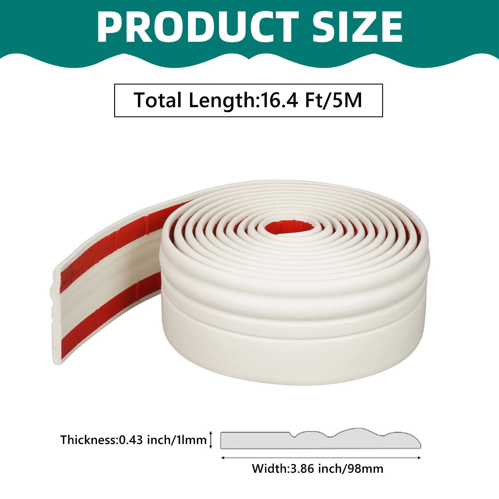 Flexible Peel and Stick Baseboard Molding Trim, 16.4 Ft Self Adhesive Wall Edge Guard, Easy to Clean Waterproof Floor Corner Protector for Home Kitchen Bathroom, White